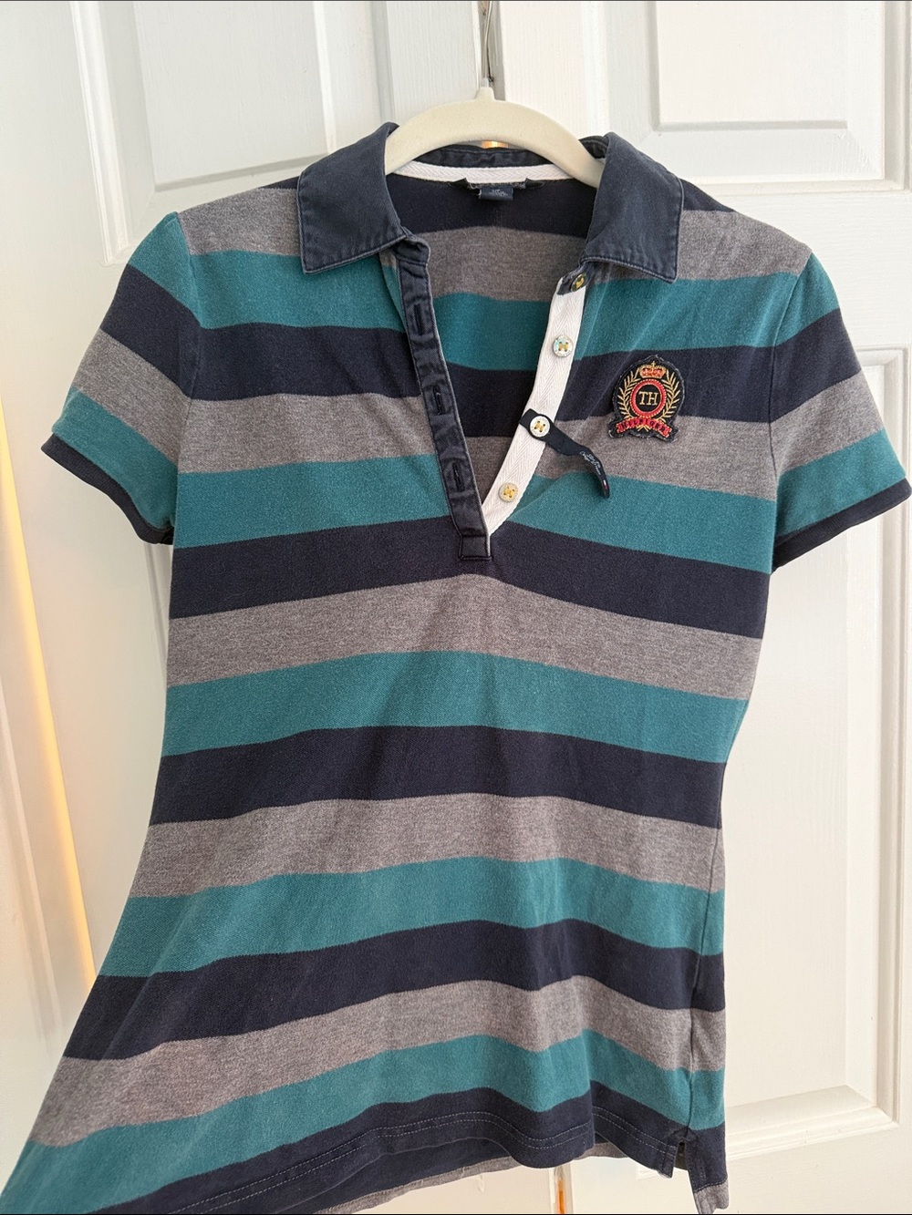Tommy Hilfiger Women’s Stripe Polo in Teal, Navy & Gray with Crest